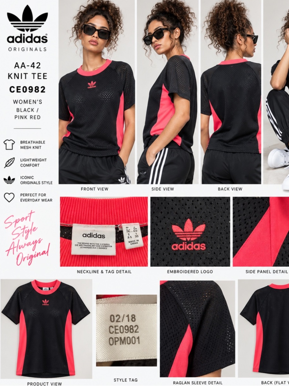 adidas Originals AA-42 Black & Pink coral  Red Mesh Knit Tee - Women's